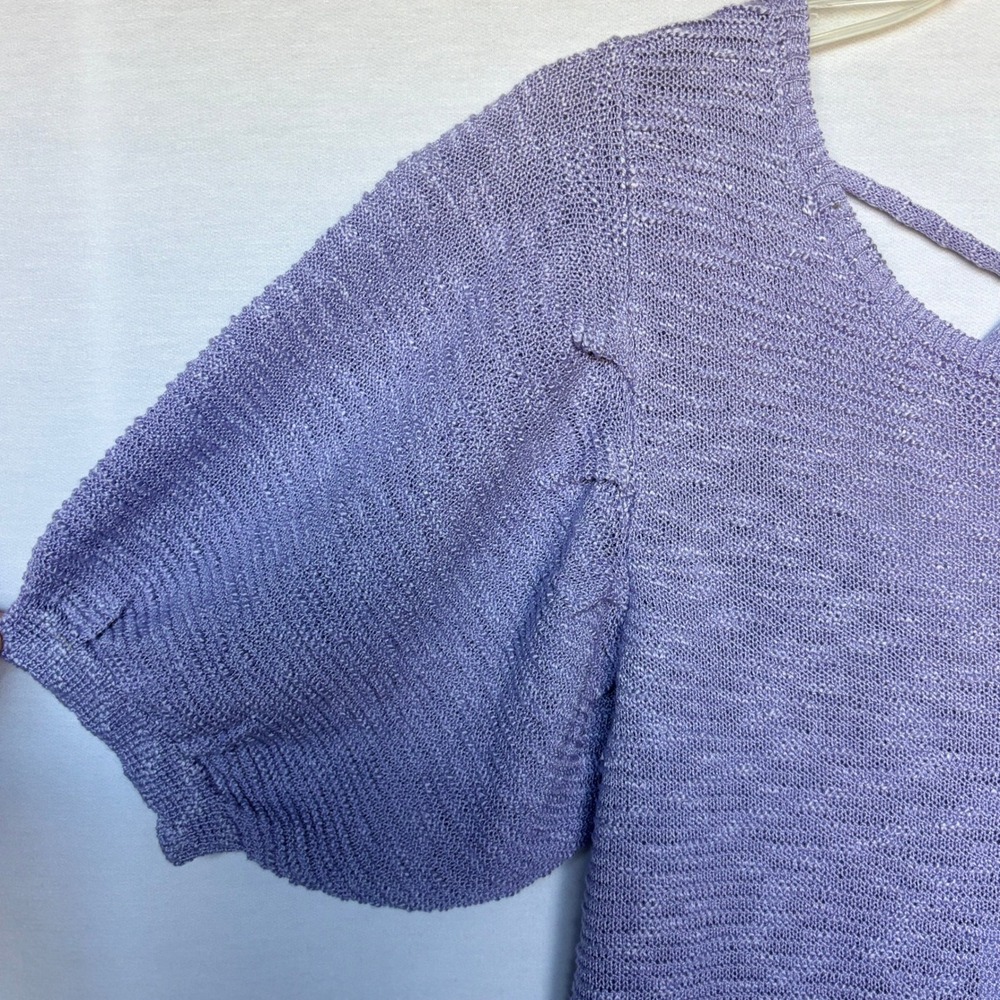Soft Girl Lavender Knit Puff Sleeve Sweater Top V-Neck Tie Back Q2 L - Picture 2 of 9